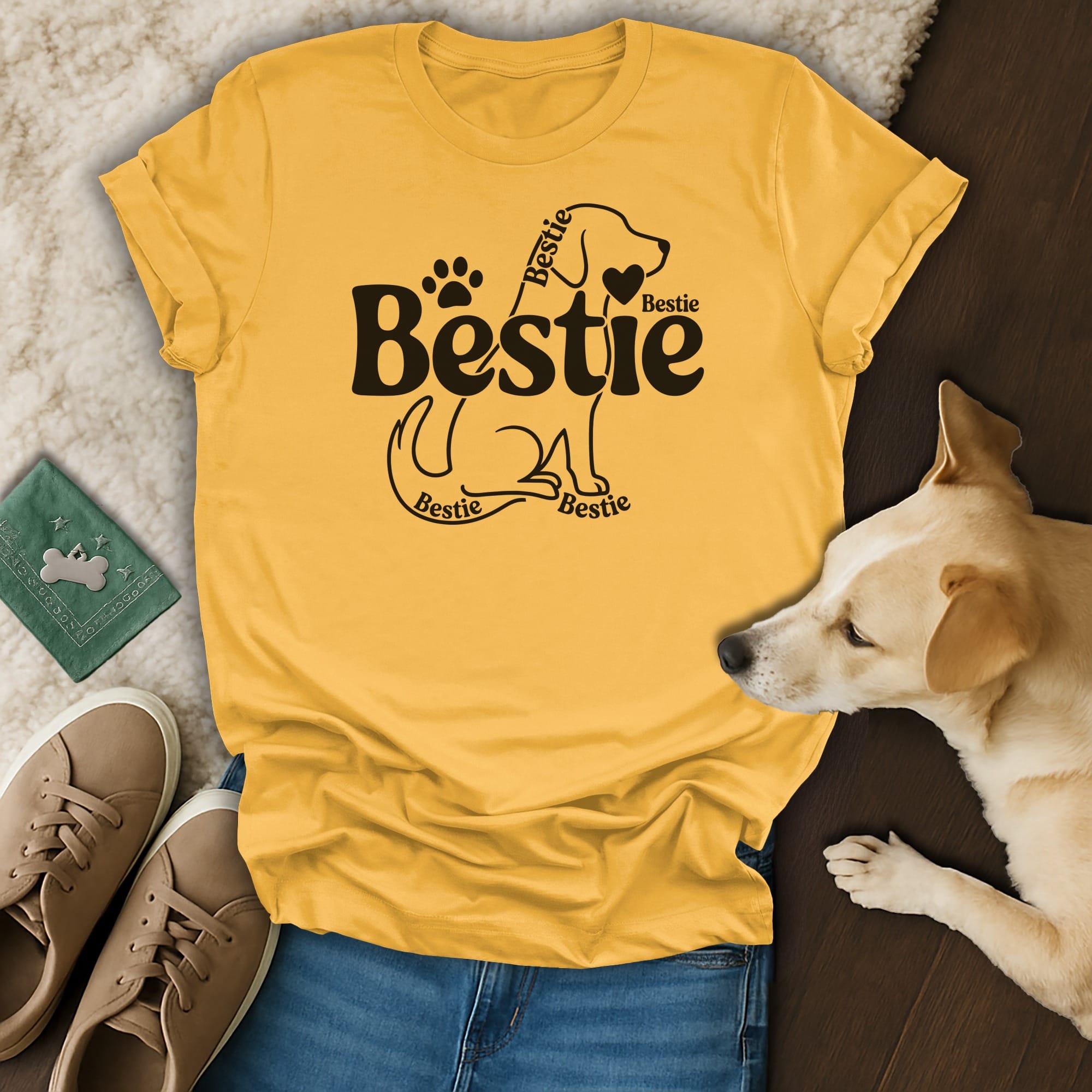 Yellow t-shirt with "Bestie" text and dog graphic, paired with jeans and sneakers.