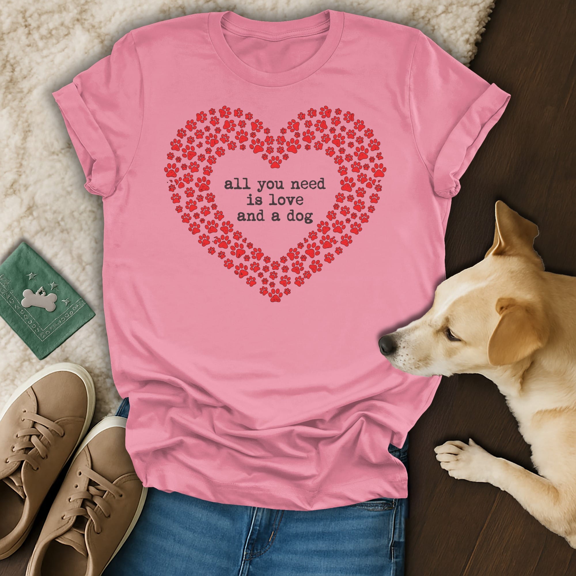 Pink t-shirt with heart made of paw prints, "all you need is love and a dog" text.