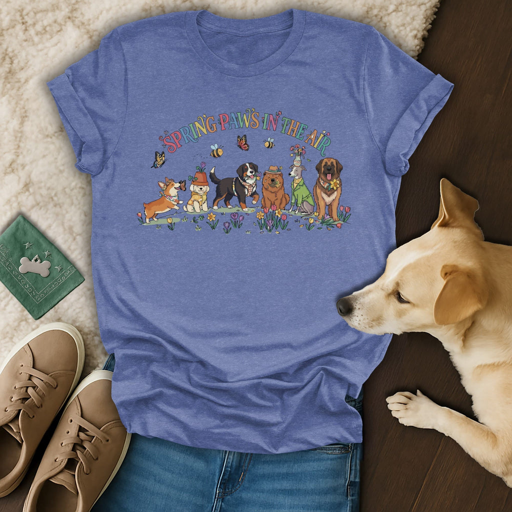 T-shirt with cartoon dogs and butterflies; "Spring Paws in the Air" text.