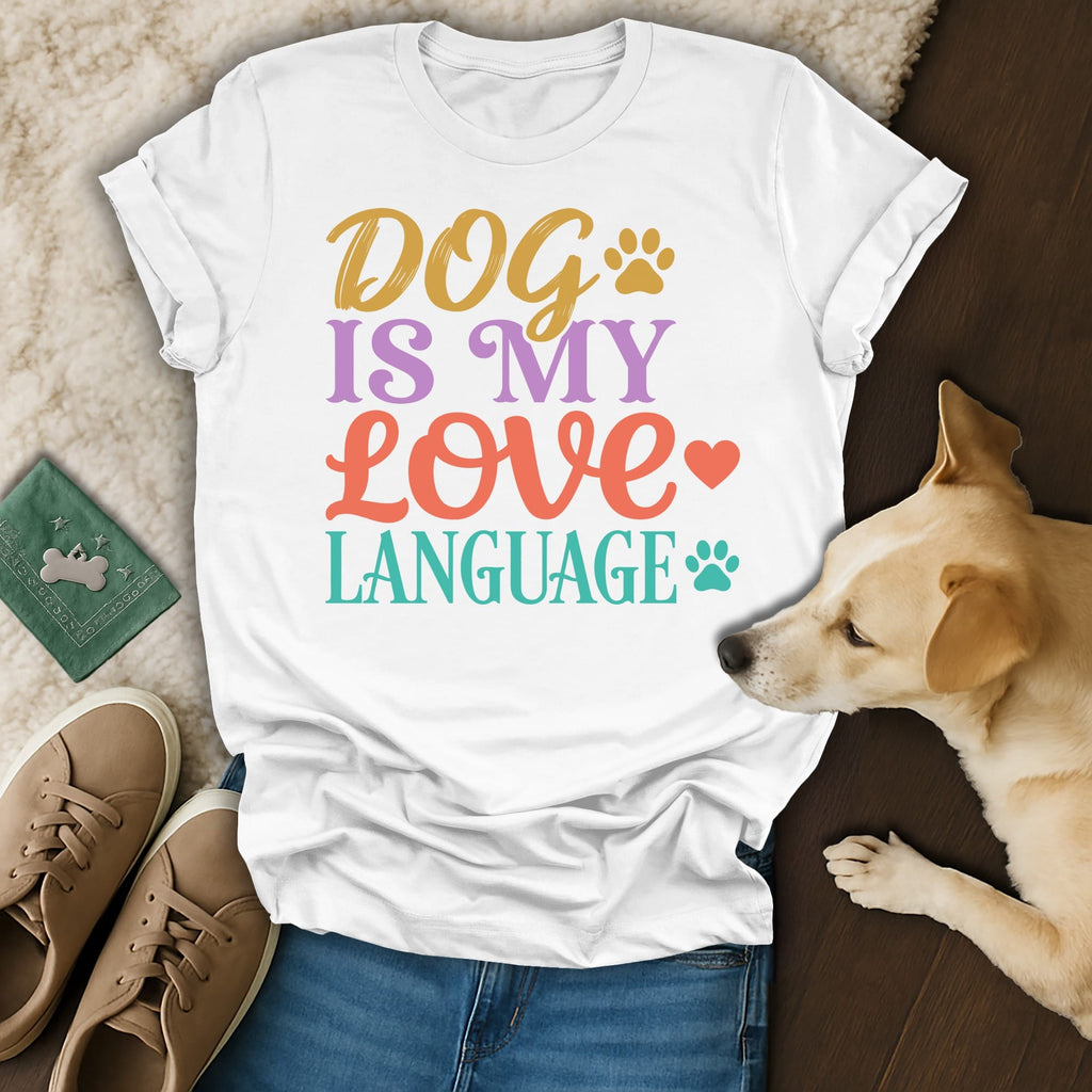 White t-shirt with "Dog is my love language" text and a dog.