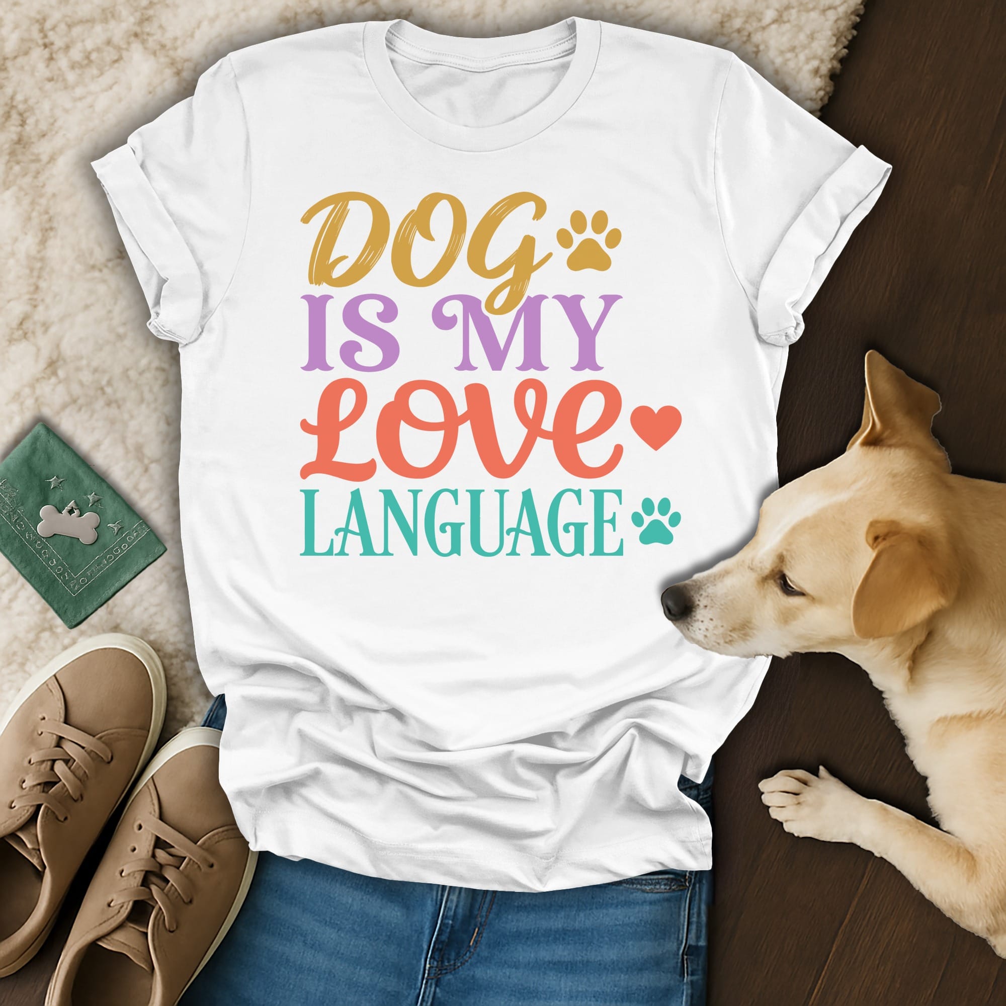 White t-shirt with "Dog is my love language" text and a dog.