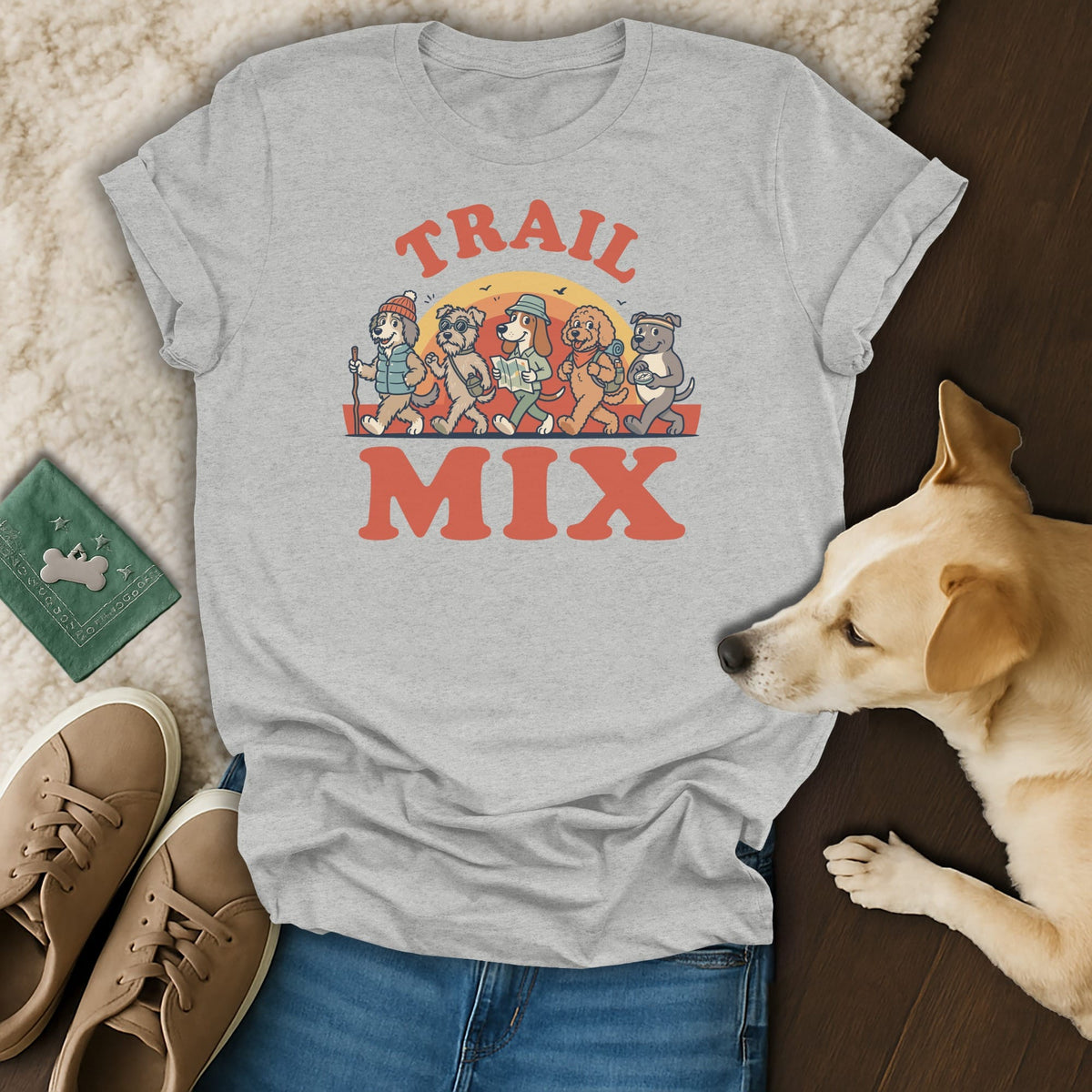 Light grey t-shirt with cartoon dogs hiking and "TRAIL MIX" text.