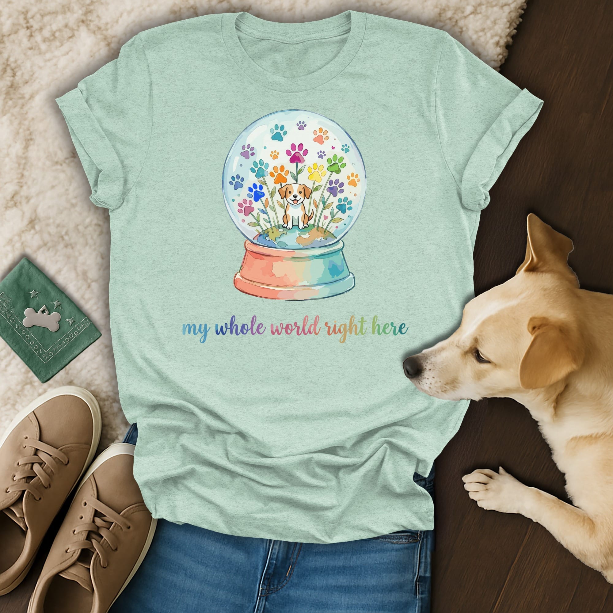 Dog paw print snow globe with colorful flowers, on a light blue t-shirt.