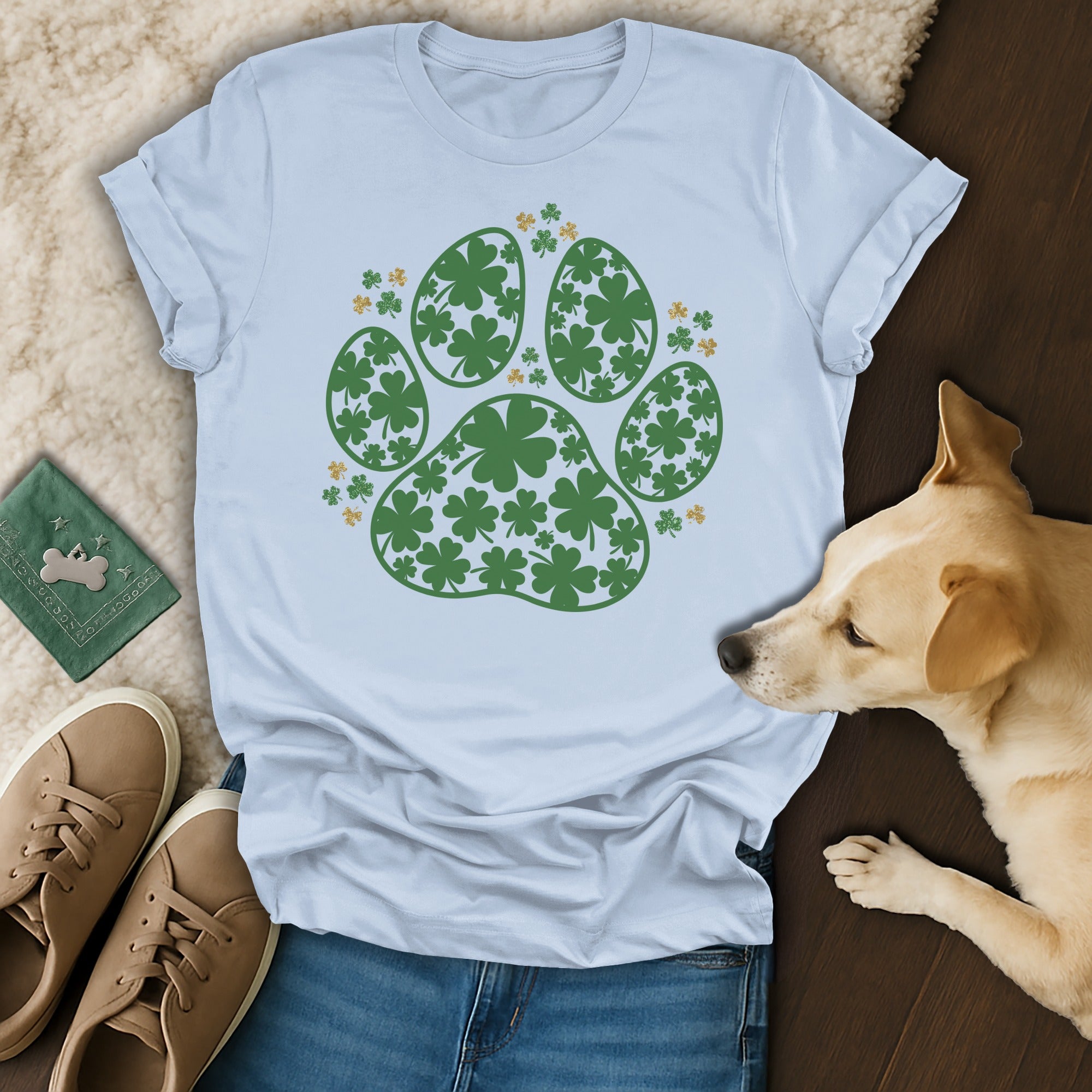 Shamrock Paw Print Design Graphic on Blue Shirt