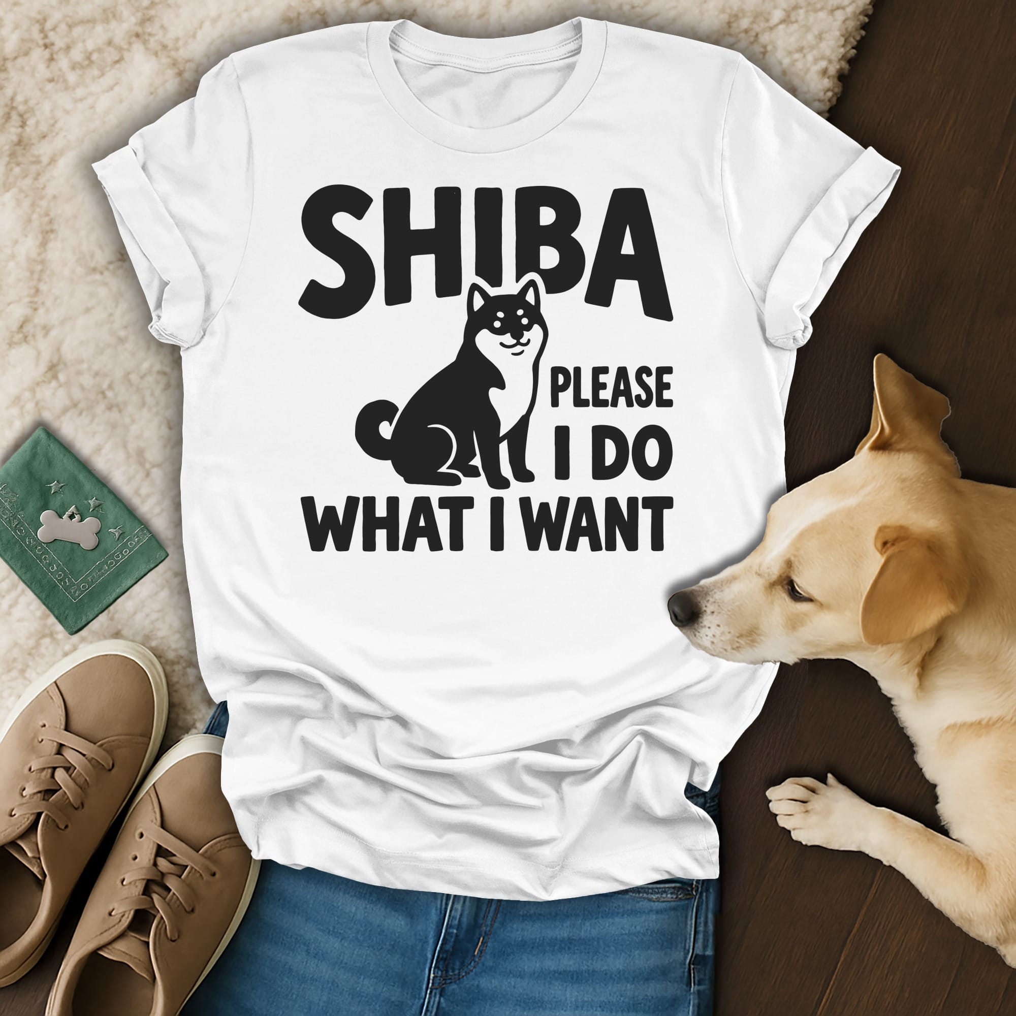 Shiba Inu graphic with text "SHIBA PLEASE I DO WHAT I WANT".