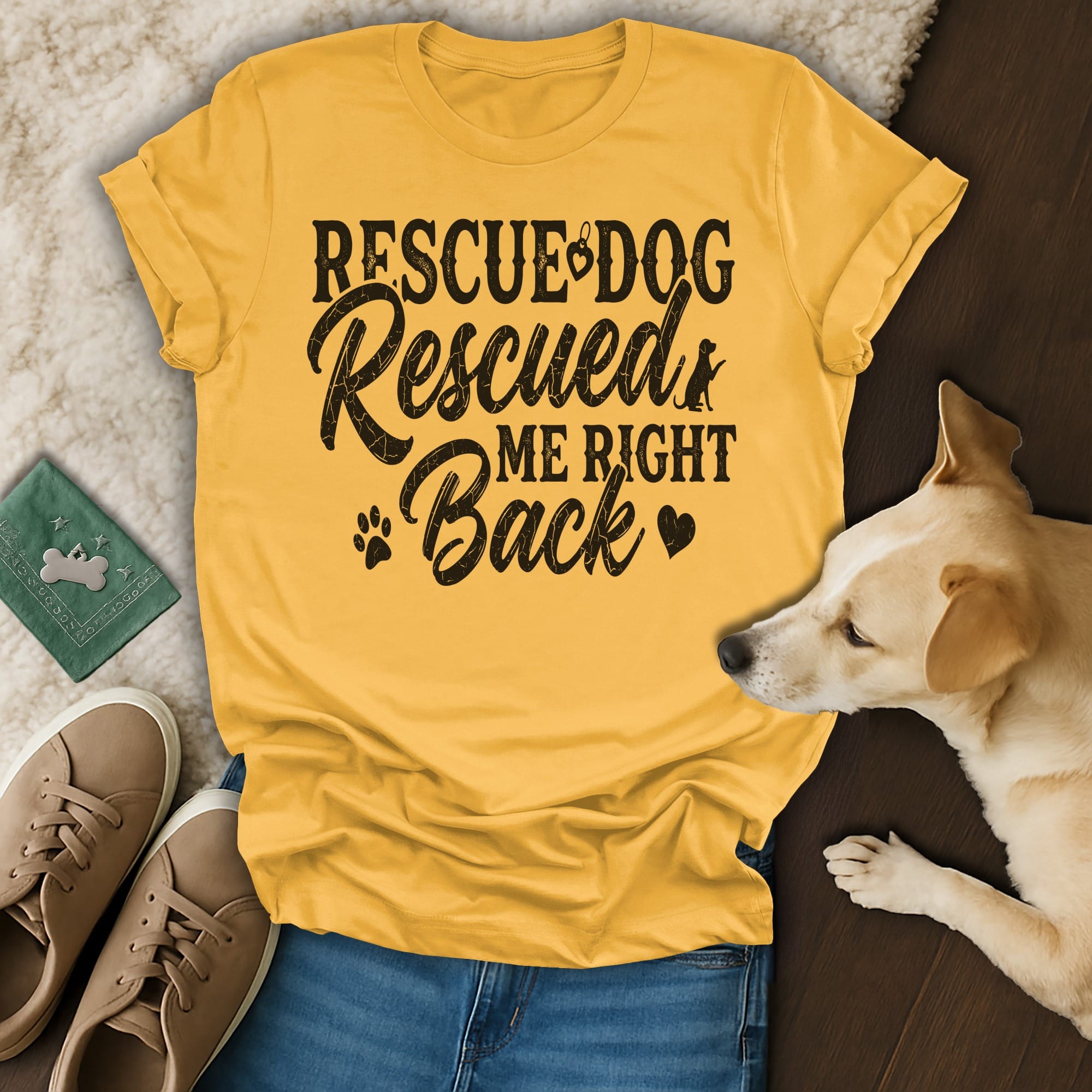 Yellow t-shirt with "Rescue Dog Rescued Me Right Back" text and dog graphic.