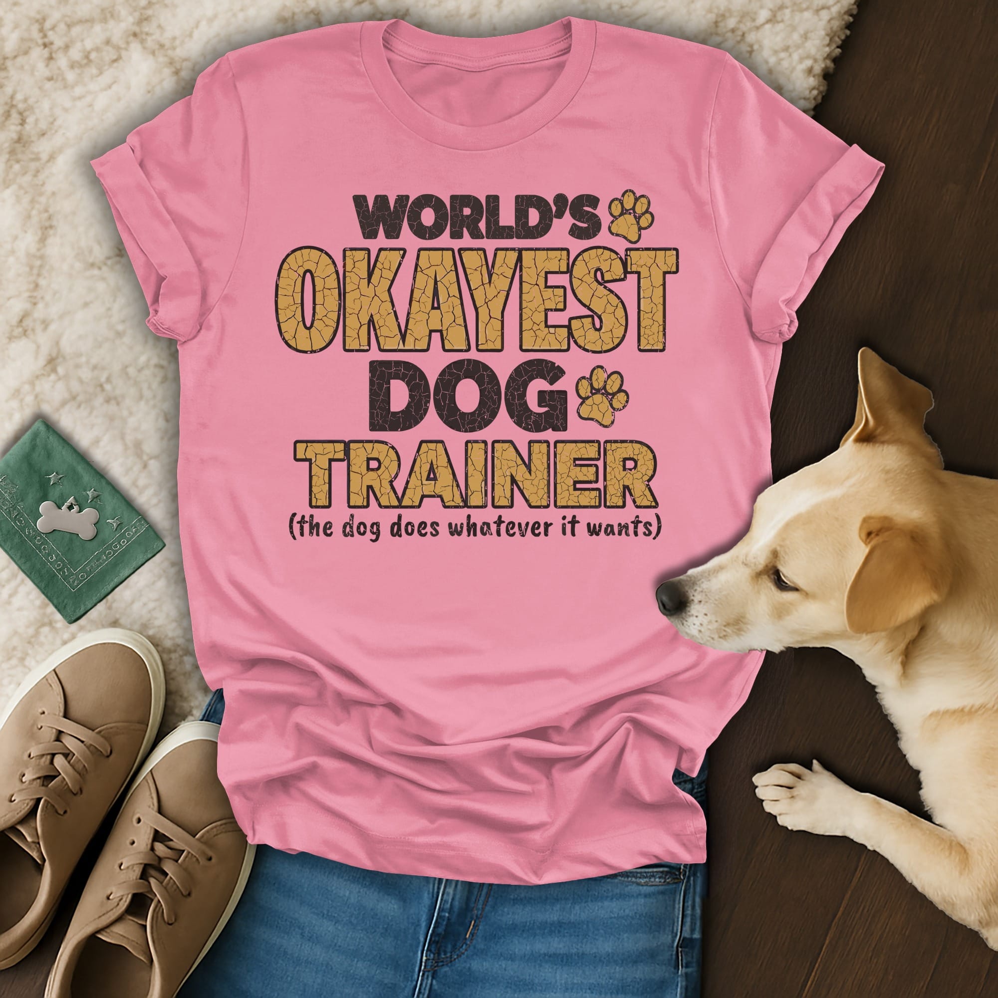 Pink t-shirt with "World's Okayest Dog Trainer" text and dog paw graphic.