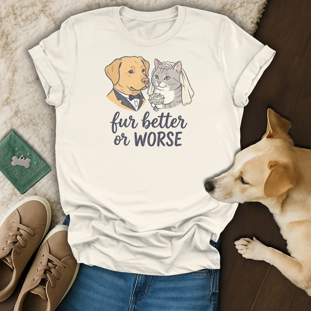 Cream t-shirt with dog and cat wedding graphic and text "fur better or worse."