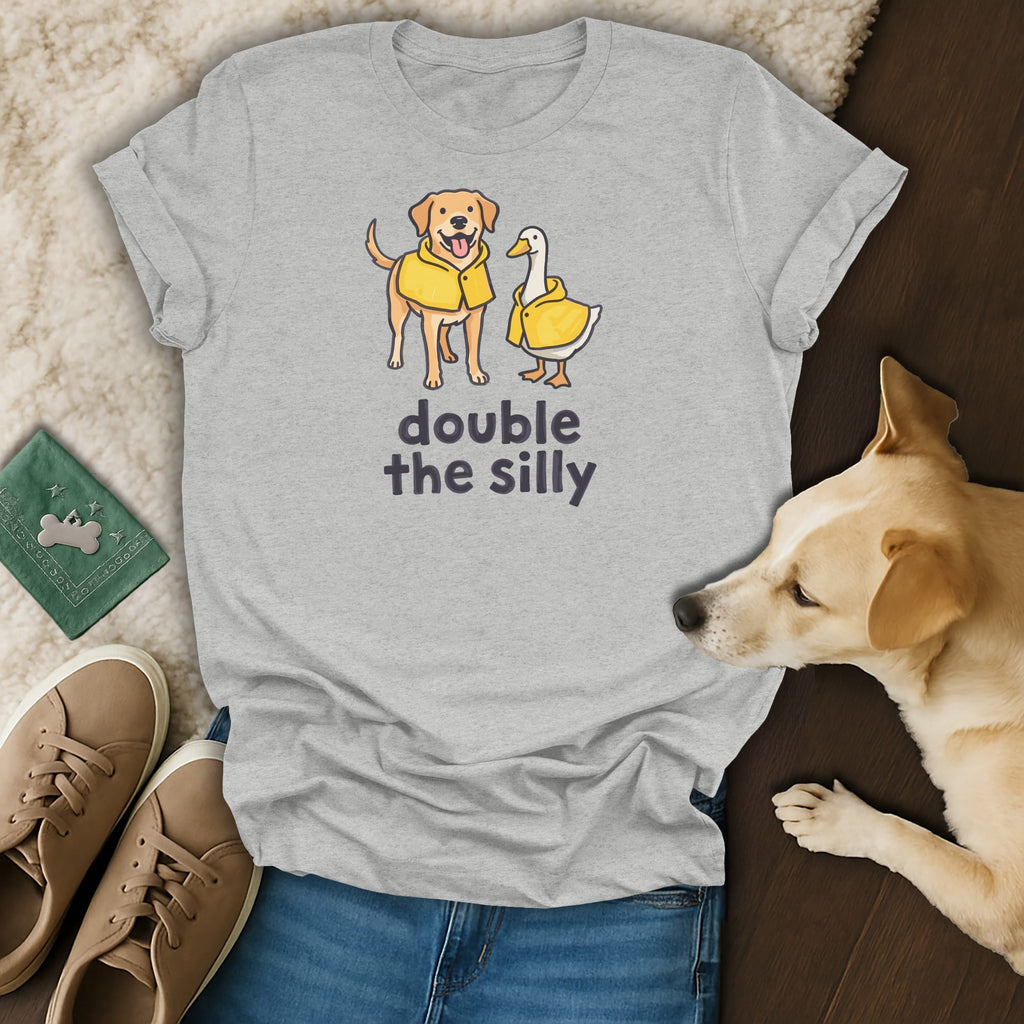 Grey t-shirt with cartoon dog and duck wearing yellow jackets, text "double the silly".