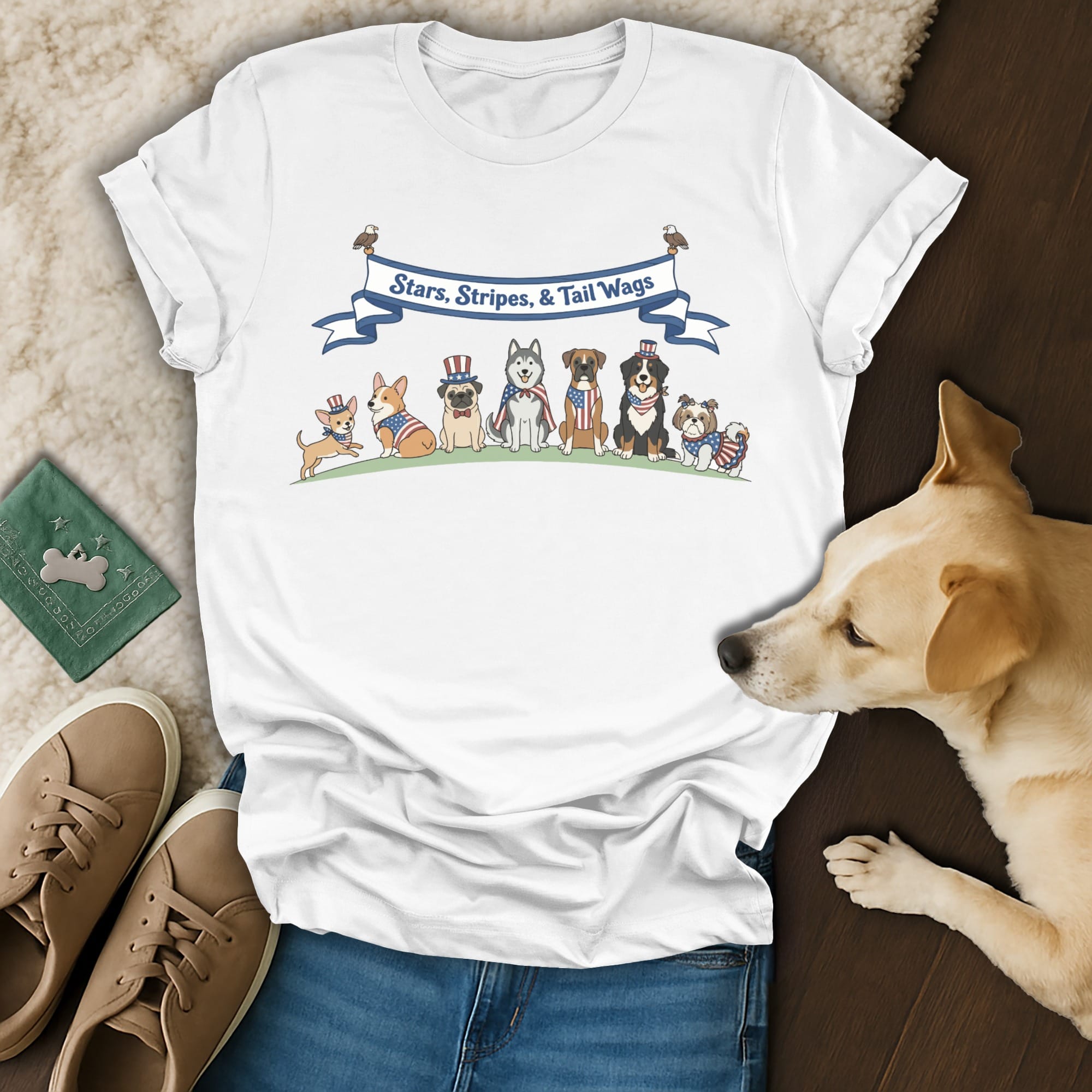 White t-shirt with dogs in patriotic outfits and "Stars, Stripes, & Tail Wags" banner.