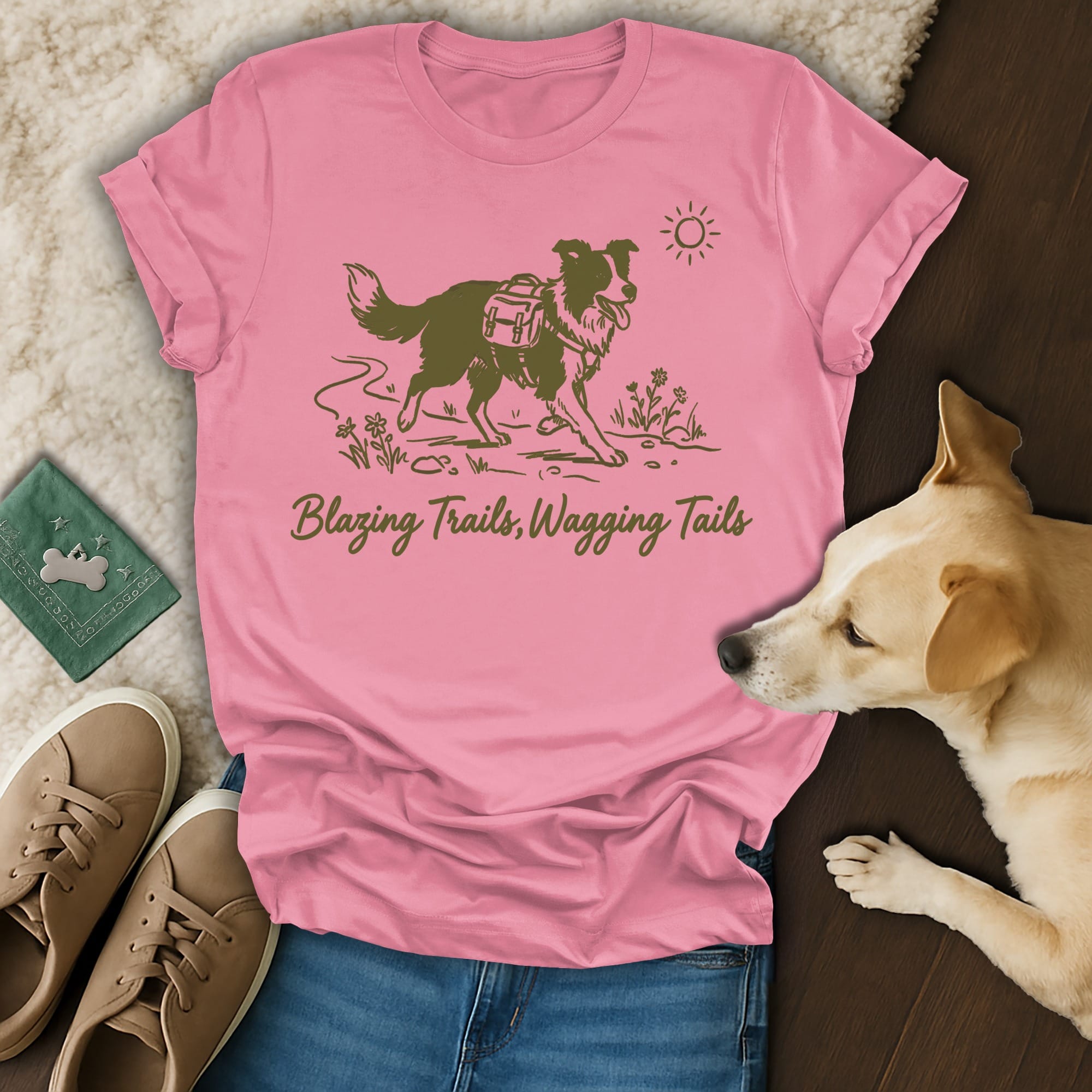 Pink t-shirt with dog hiking graphic and "Blazing Trails, Wagging Tails" text.