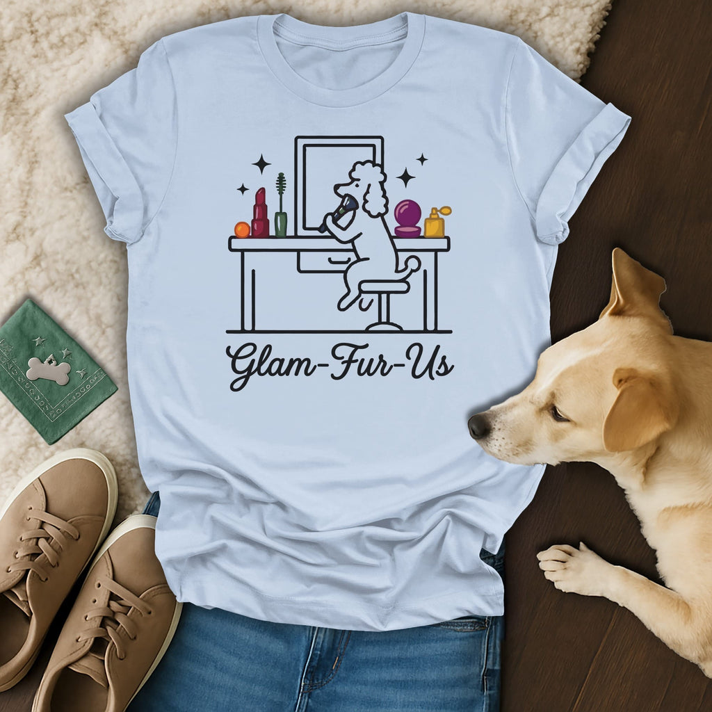Light blue t-shirt with "Glam-Fur-Us" text and poodle illustration.