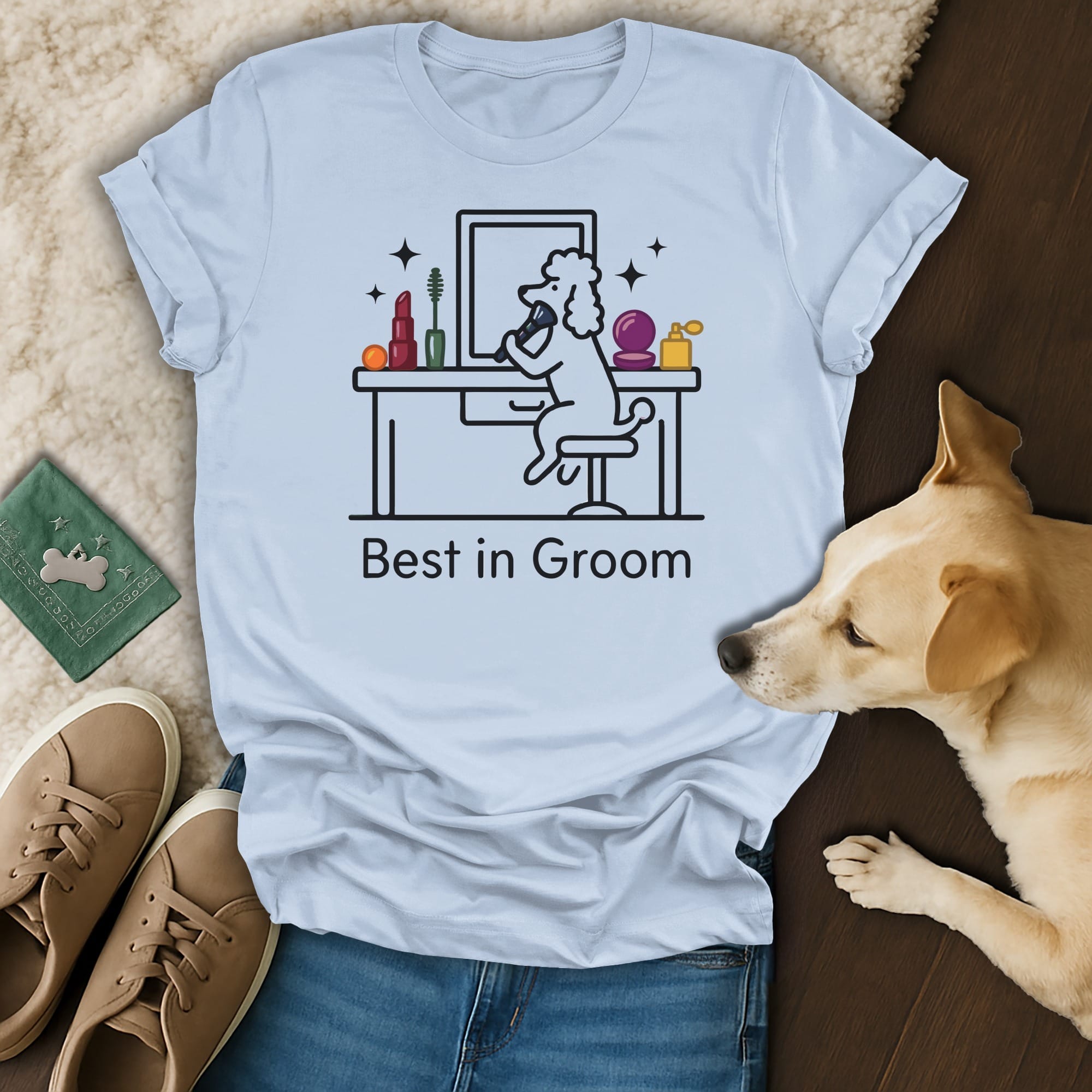 Light blue t-shirt with "Best in Groom" text and poodle grooming illustration.