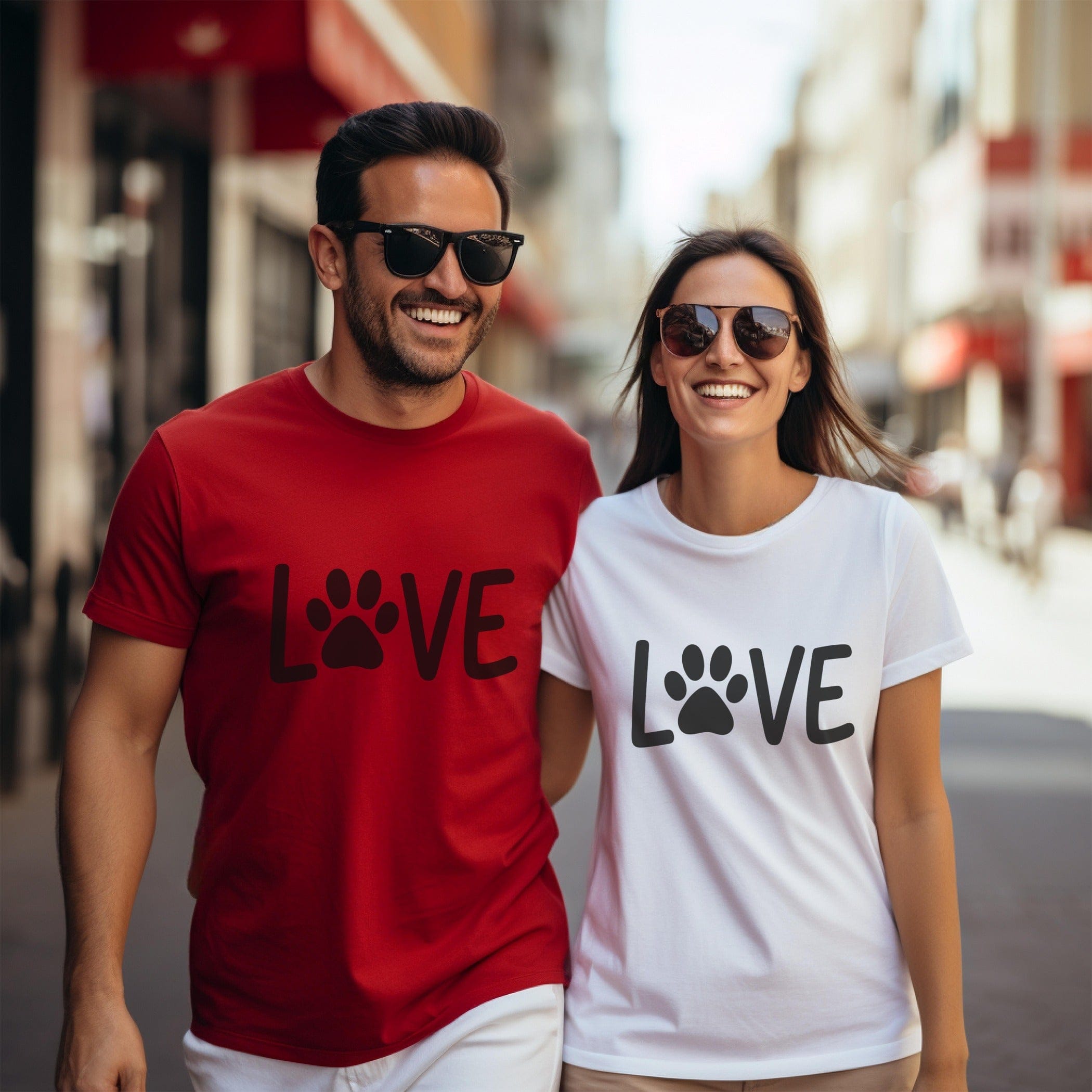 Love Design T-Shirt with Paw Print for Matching Couples