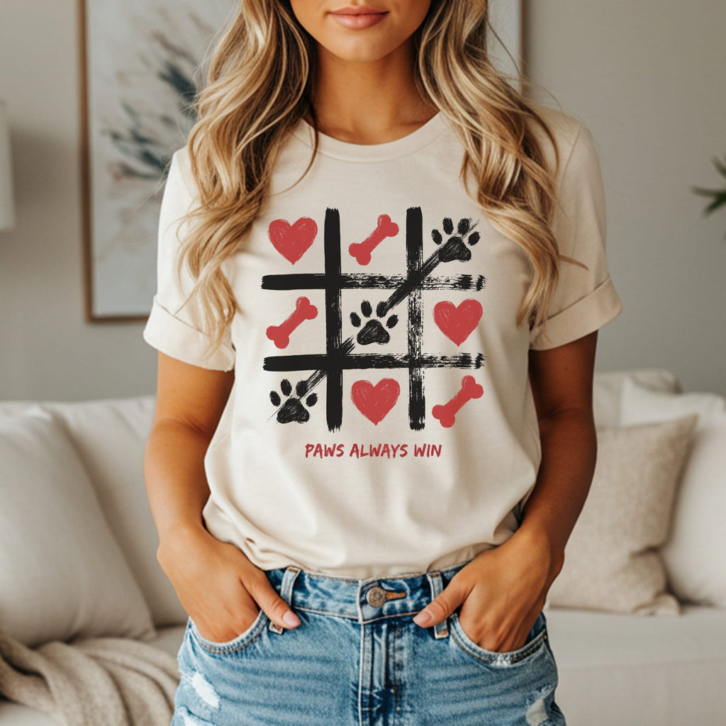 Cream t-shirt with tic-tac-toe game design and "Paws Always Win" text.