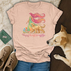 Graphic t-shirt with a woman walking with a dog, surrounded by flowers and text.