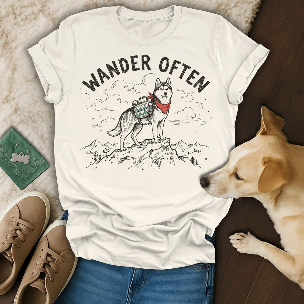 Husky wearing a bandana and backpack stands on a mountain with "Wander Often" text.