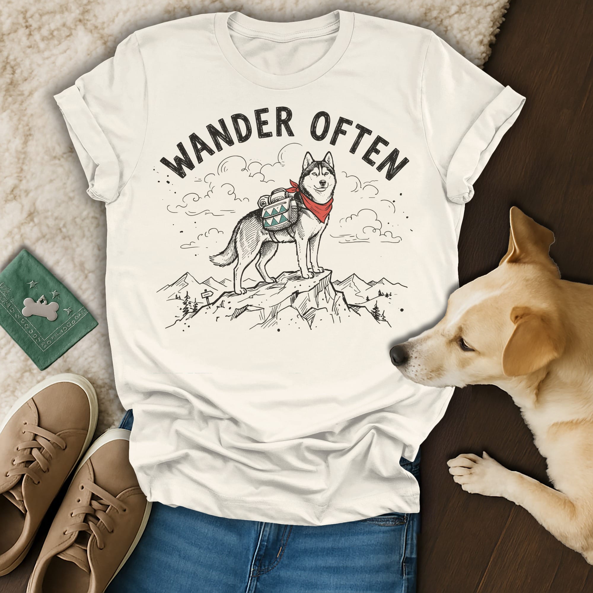 Husky wearing a bandana and backpack stands on a mountain with "Wander Often" text.