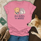 Pink t-shirt with cartoon dog and cat in wedding attire, text "fur better or worse."