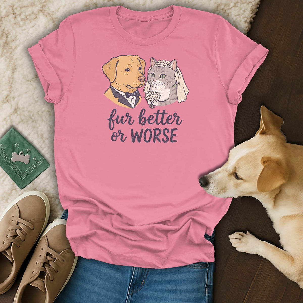 Pink t-shirt with cartoon dog and cat in wedding attire, text "fur better or worse."