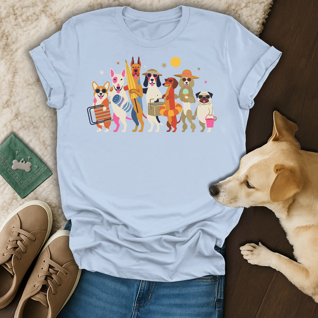 Light blue t-shirt with cartoon dogs dressed for summer vacation.