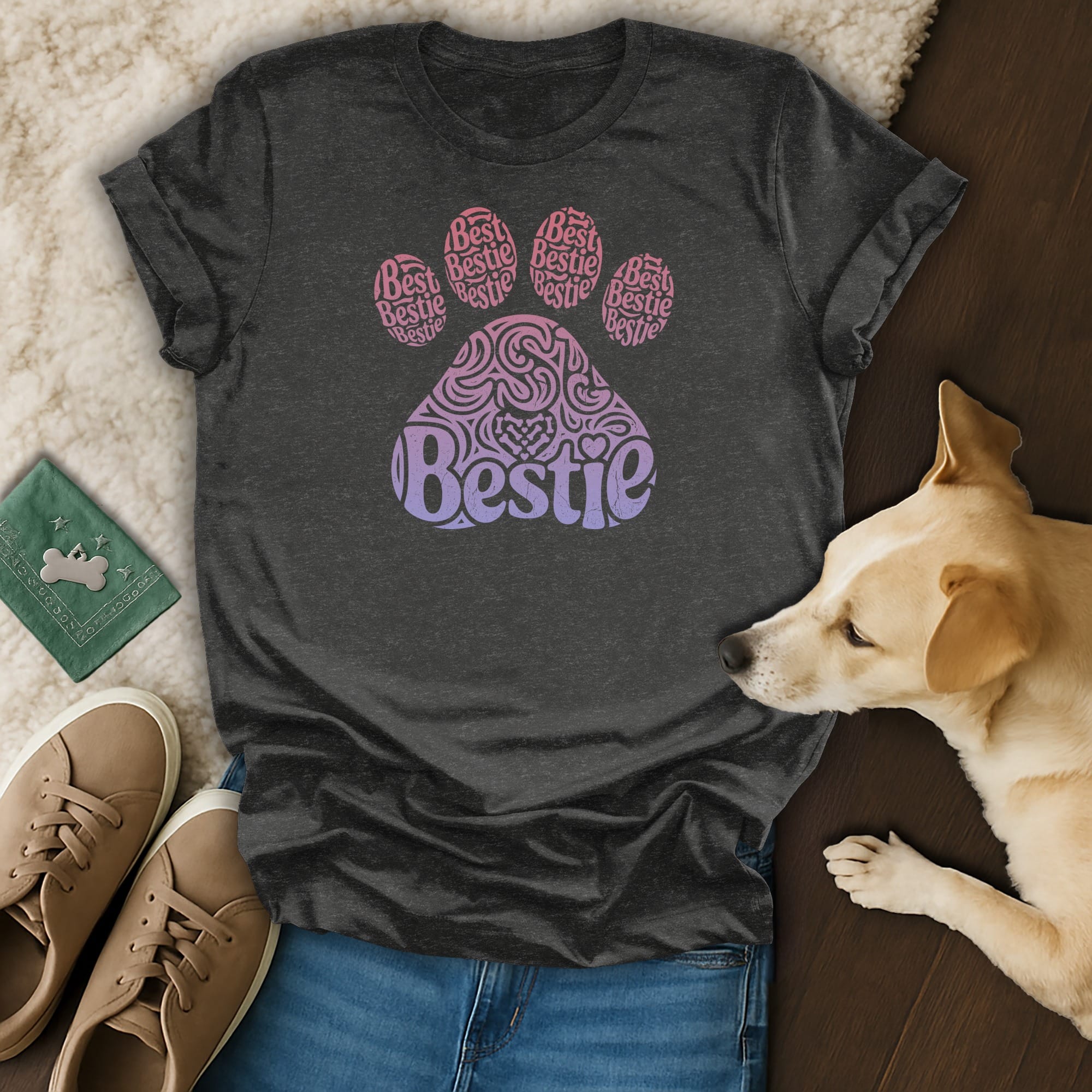 Dark t-shirt with a paw print design containing the word "Bestie" repeatedly.