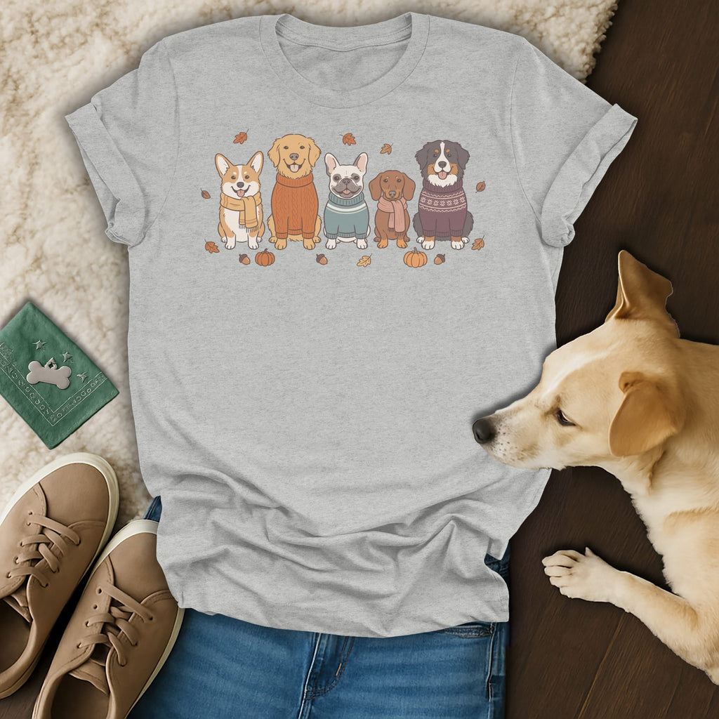 Grey t-shirt with a cartoon illustration of five dogs wearing sweaters, autumn leaves, and pumpkins.