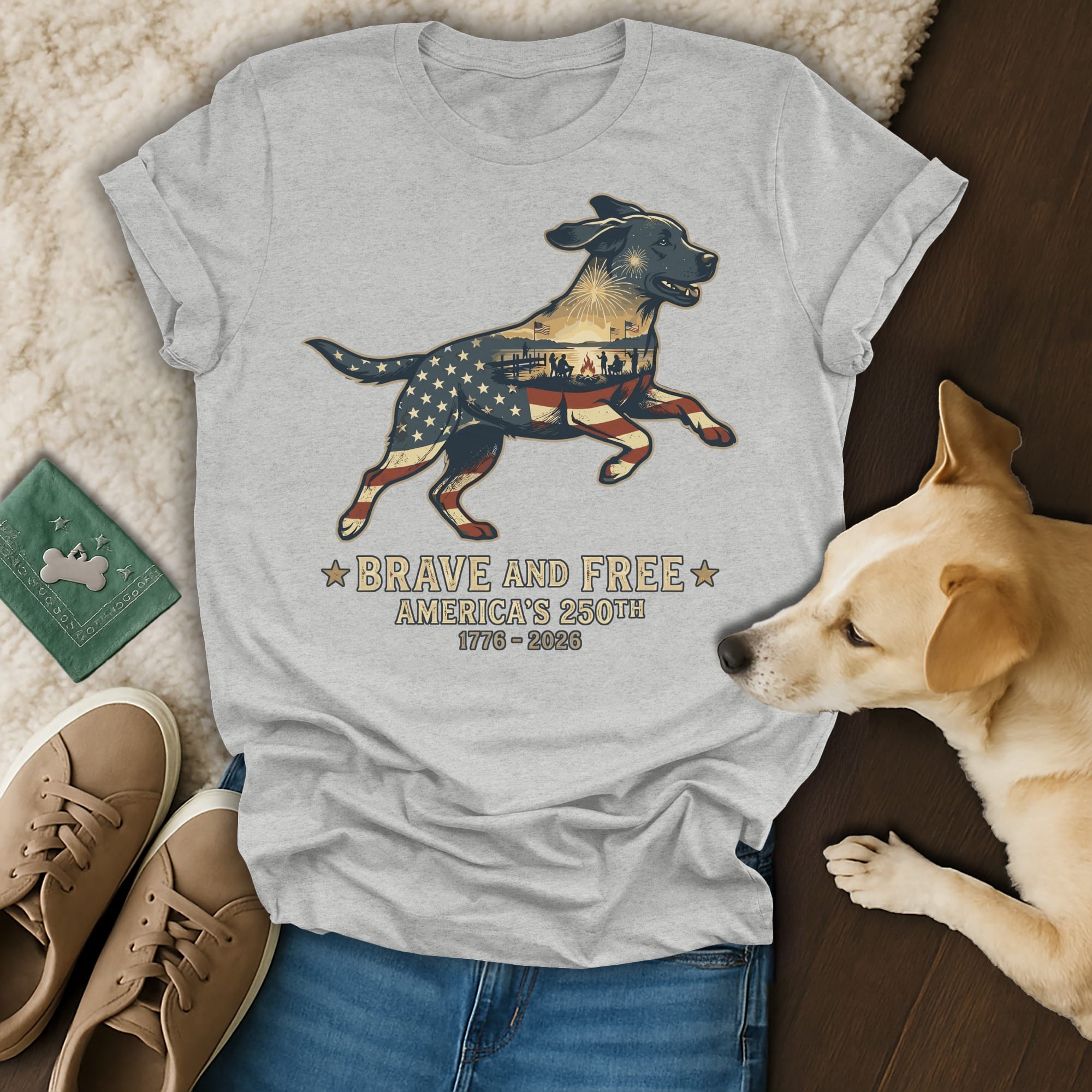 T-shirt with running dog design featuring American flag and "Brave and Free America's 250th 1776-2026" text.