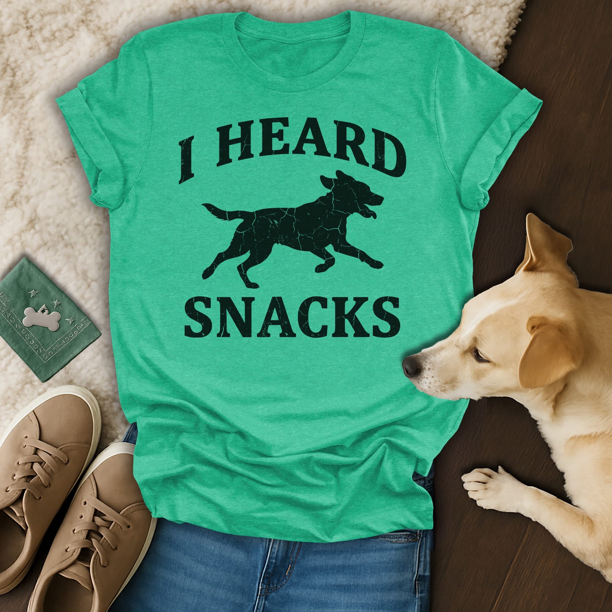 Teal t-shirt with black text "I HEARD SNACKS" and silhouette of dog.