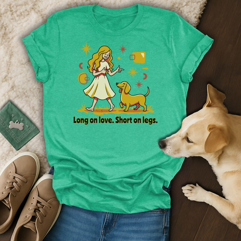 Woman and dachshund with text "Long on love. Short on legs."