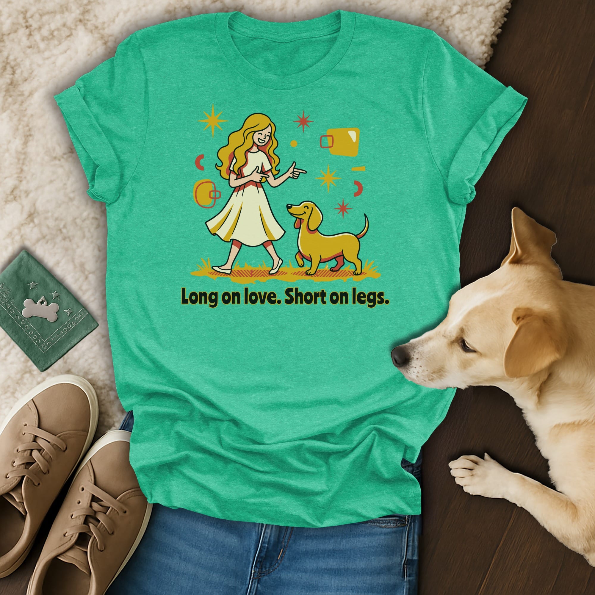 Woman and dachshund with text "Long on love. Short on legs."