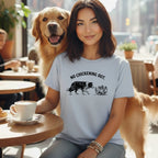 Light blue t-shirt with "NO CHICKENING OUT" and illustration of a dog and chickens.