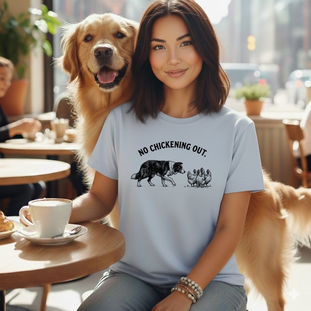 Light blue t-shirt with "NO CHICKENING OUT" and illustration of a dog and chickens.