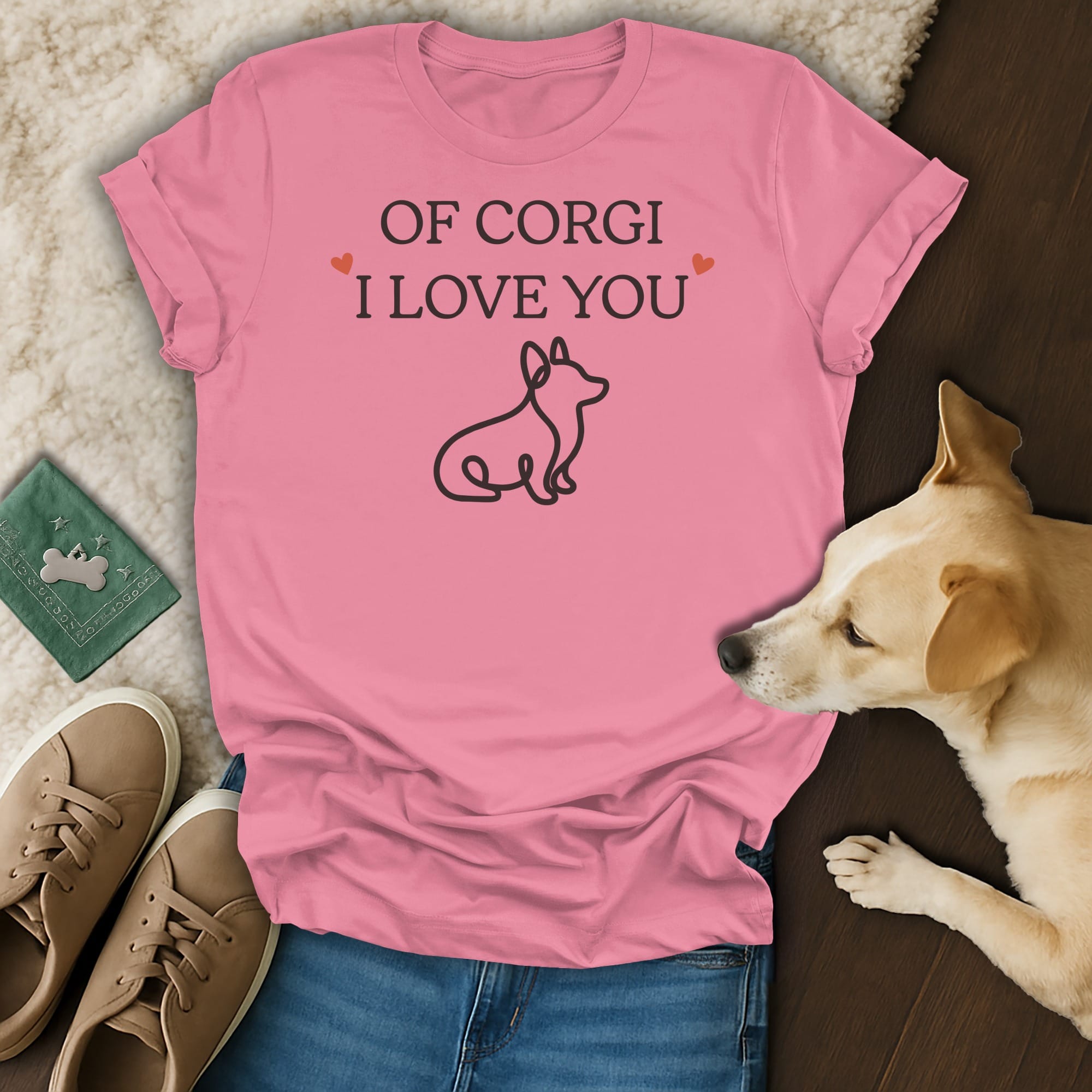 Pink t-shirt with "OF CORGI I LOVE YOU" text and corgi outline.