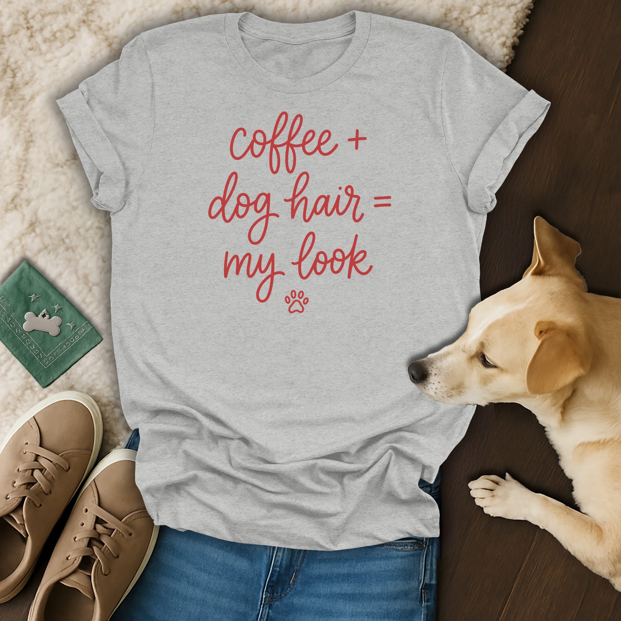 Light grey t-shirt, red text "coffee + dog hair = my look", paw print.