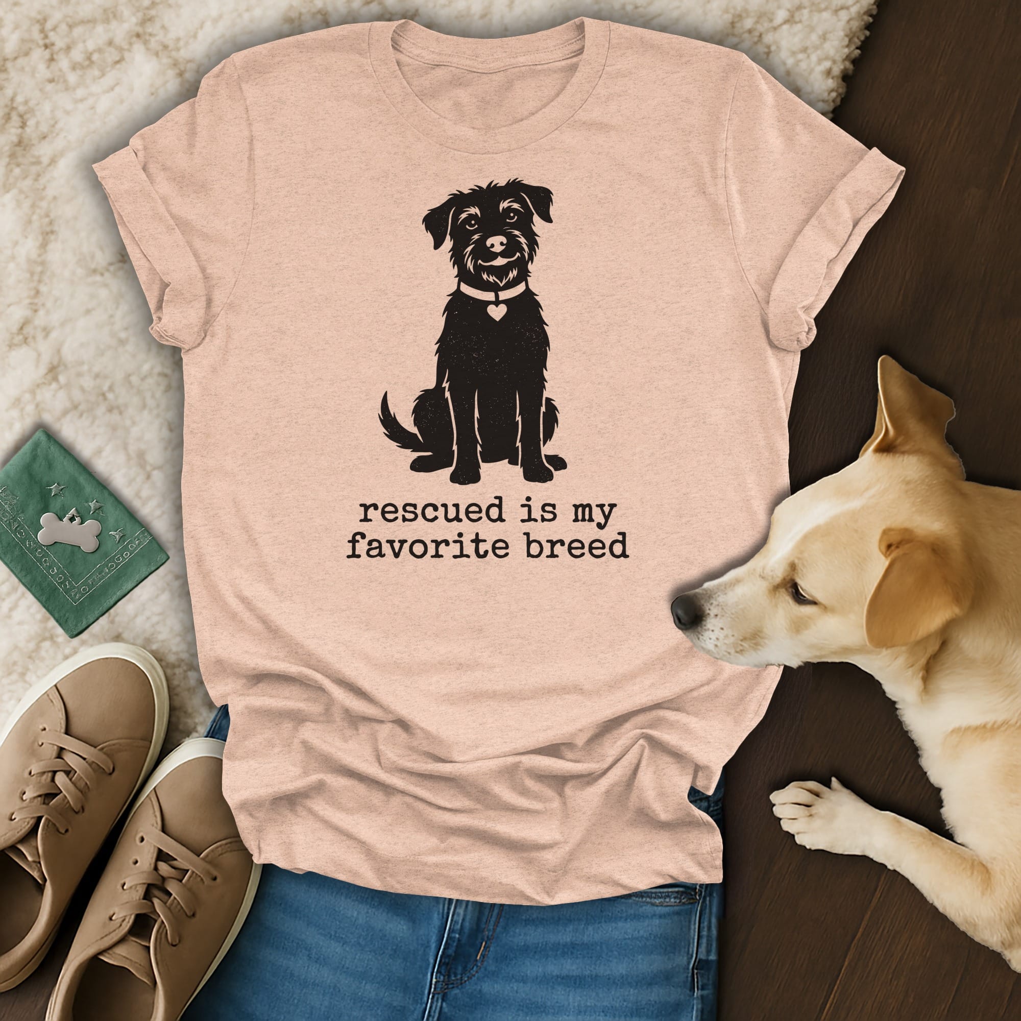 Peach t-shirt with a dog and "Rescued is my favorite breed" text.