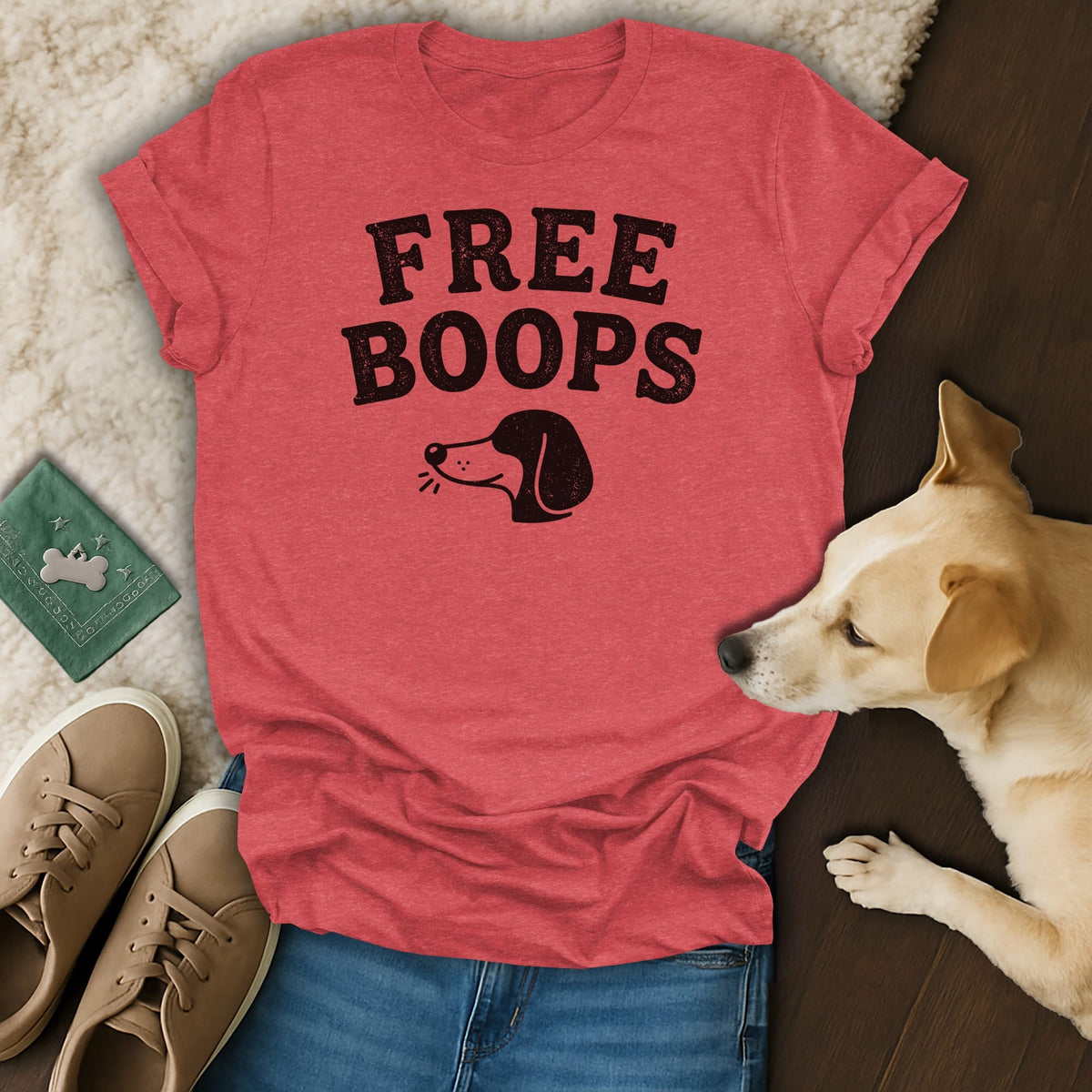 Red t-shirt with "FREE BOOPS" text and a dog graphic.