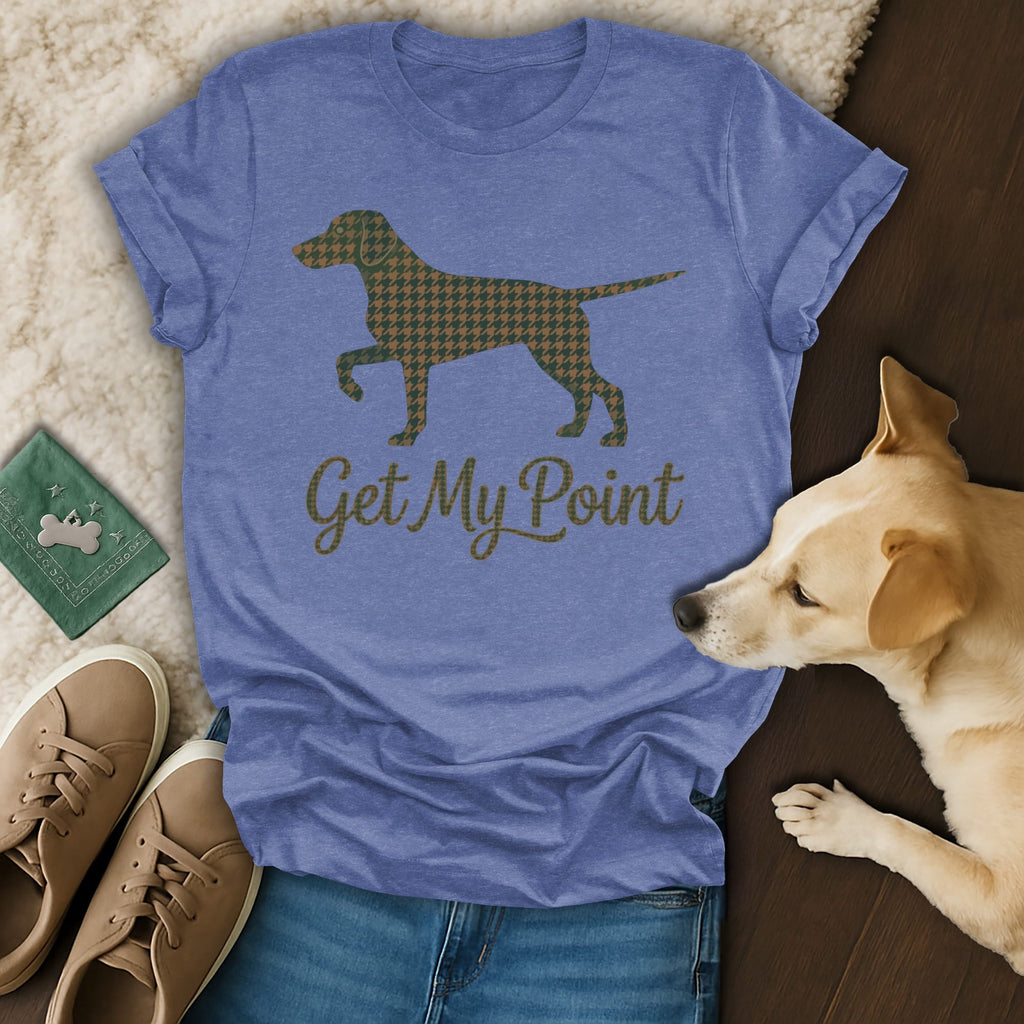 Blue t-shirt with dog silhouette and "Get My Point" text.