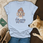 Light blue t-shirt with dog graphic and text "FUR-ready for FALL".