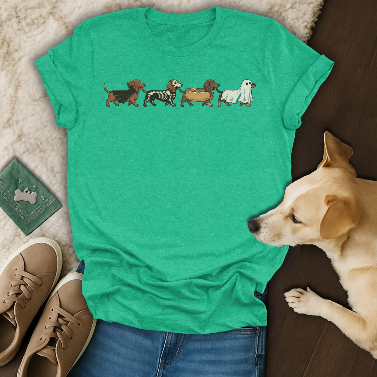 Green t-shirt with dachshunds dressed as Dracula, skeleton, hot dog, and ghost.