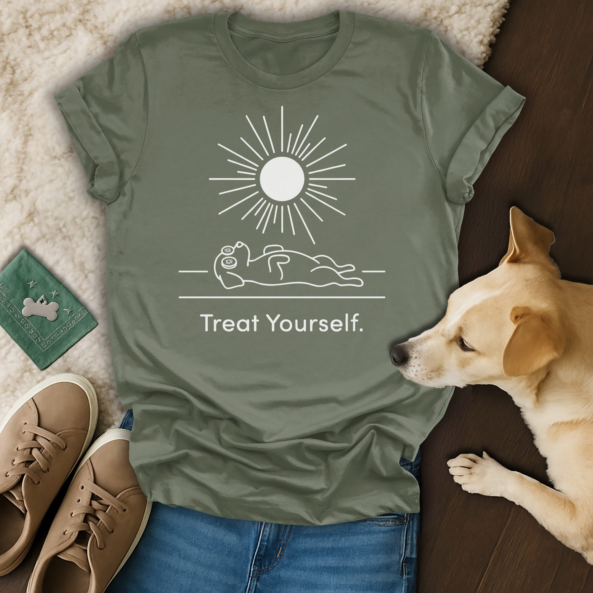 Green t-shirt with sun and dog graphic, reading "Treat Yourself."