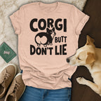 Peach t-shirt with "CORGI BUTT DON'T LIE" text and corgi graphic.