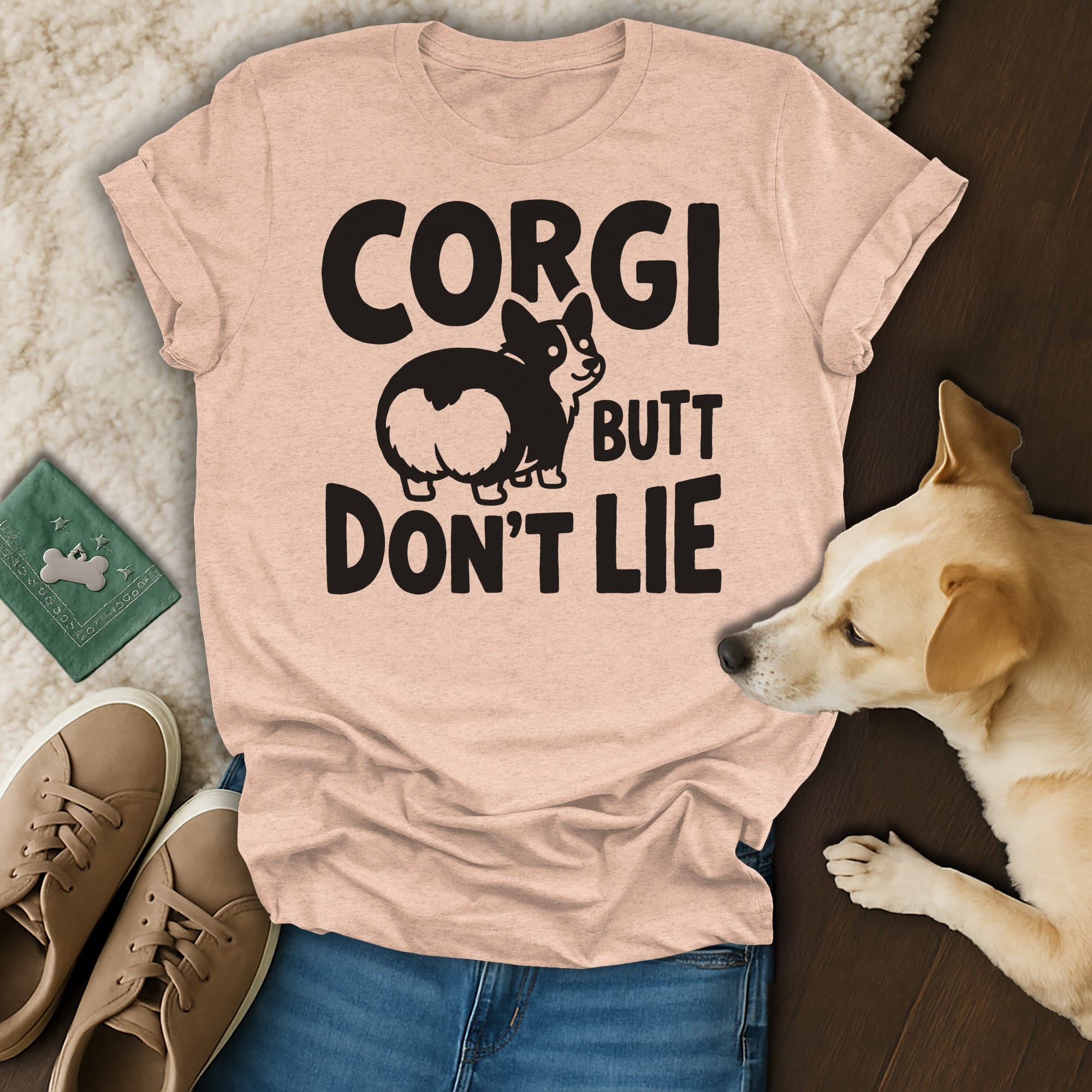 Peach t-shirt with "CORGI BUTT DON'T LIE" text and corgi graphic.