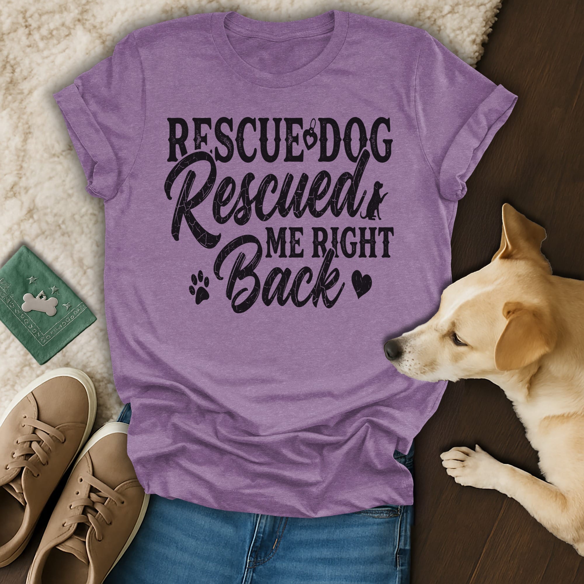 Purple t-shirt with "Rescue Dog Rescued Me Back" text and dog illustration.