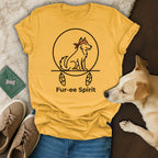 Yellow t-shirt with "Fur-ee Spirit" and dog wearing bandana graphic.