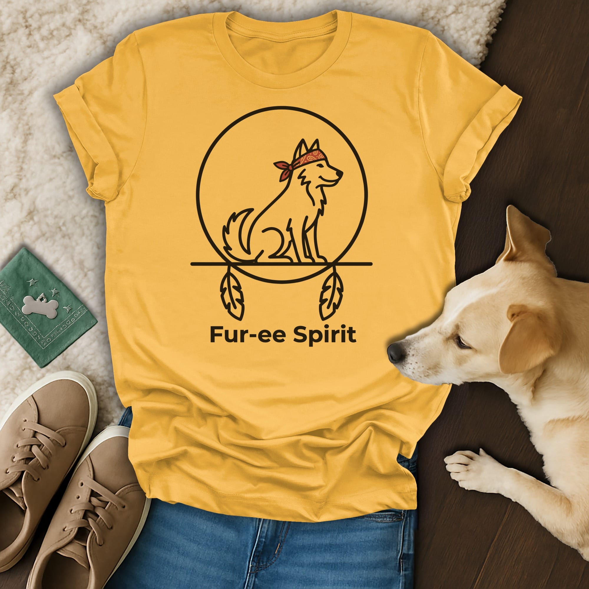 Yellow t-shirt with "Fur-ee Spirit" and dog wearing bandana graphic.