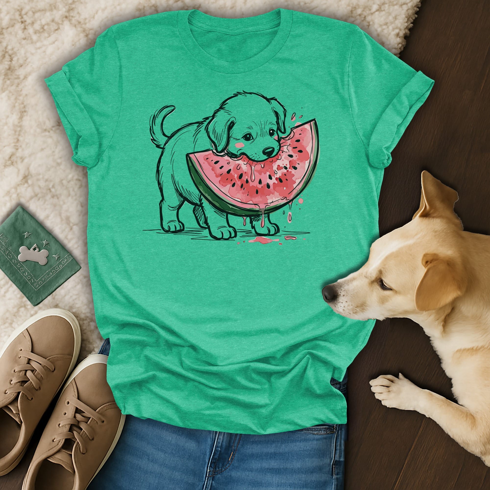 Puppy wearing a t-shirt with a watermelon design, next to a real dog.