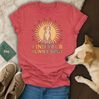 T-shirt with dog and sun graphic, reads "FIND YOUR SUNNY SPOT."