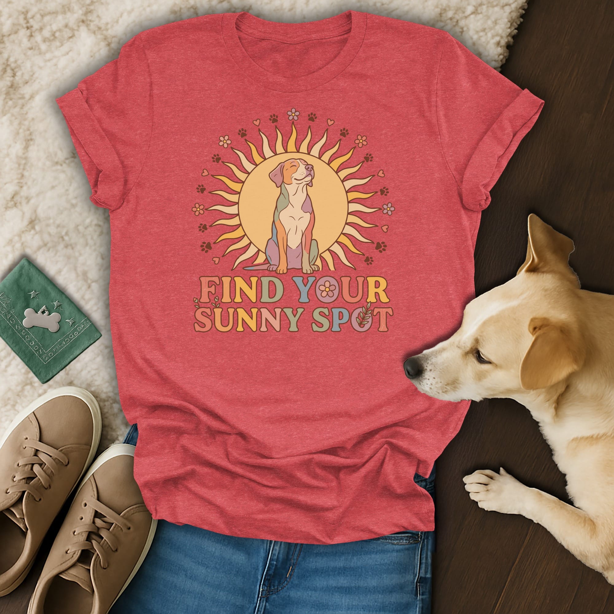 T-shirt with dog and sun graphic, reads "FIND YOUR SUNNY SPOT."