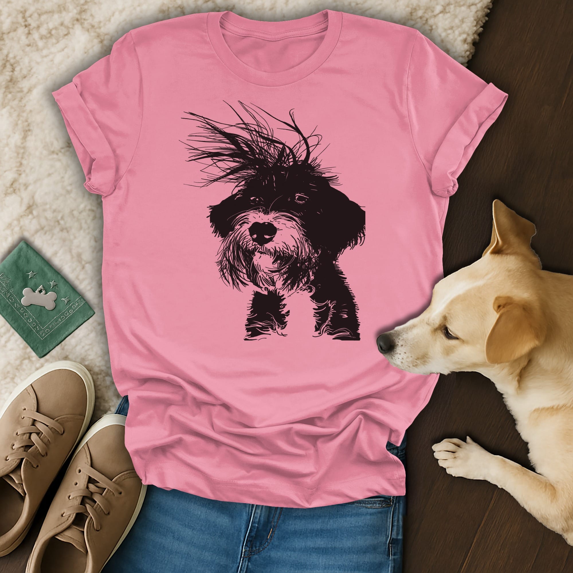 Black sketch of a shaggy dog on a pink t-shirt with shoes and a dog.